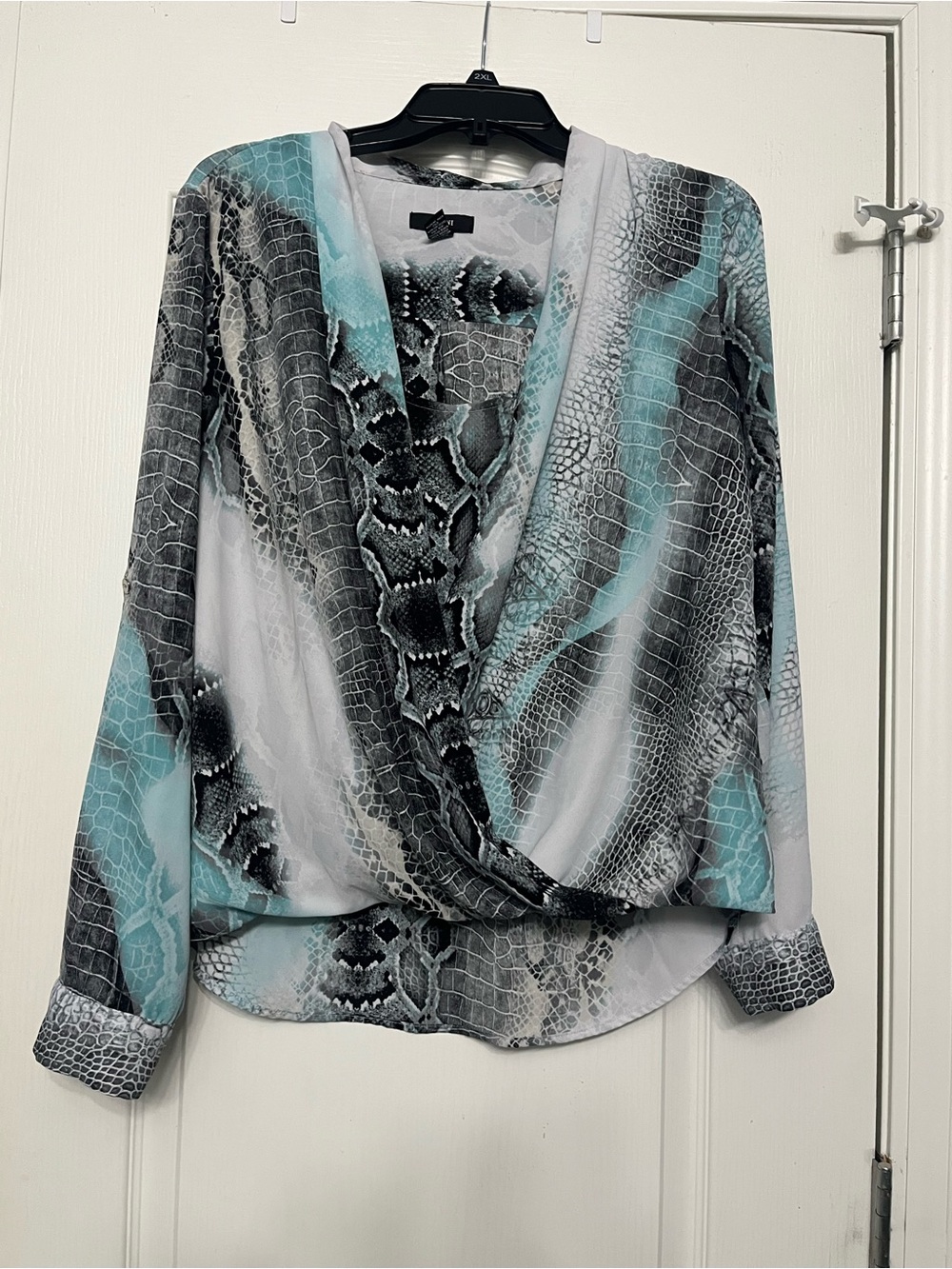 Alfani Mint & Gray Snake-Print Wrap Blouse